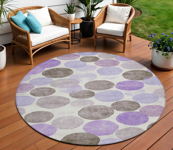 HomeRoots 5' Stylish Geometric Washable Area Rug in Purple, Brown, and Ivory for Indoor & Outdoor Use 8' Round 625099