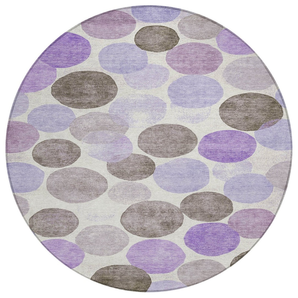 HomeRoots 5' Stylish Geometric Washable Area Rug in Purple, Brown, and Ivory for Indoor & Outdoor Use 8' Round 625099