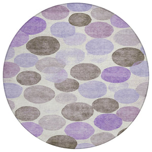 HomeRoots 5' Stylish Geometric Washable Area Rug in Purple, Brown, and Ivory for Indoor & Outdoor Use 8' Round 625099