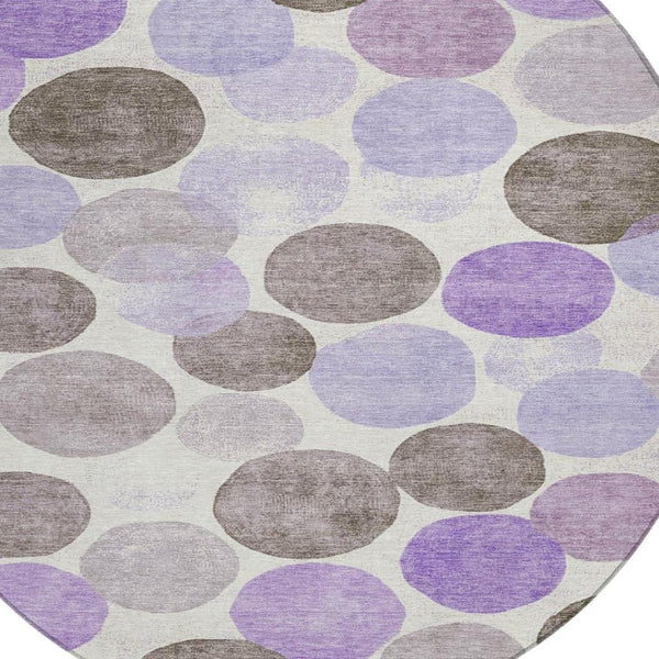 HomeRoots 5' Stylish Geometric Washable Area Rug in Purple, Brown, and Ivory for Indoor & Outdoor Use 8' Round 625099