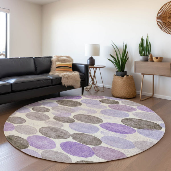 HomeRoots 5' Stylish Geometric Washable Area Rug in Purple, Brown, and Ivory for Indoor & Outdoor Use 8' Round 625099