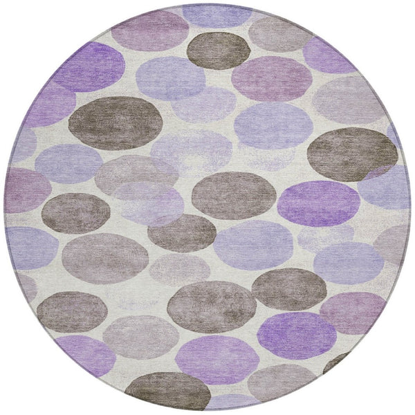 HomeRoots 5' Stylish Geometric Washable Area Rug in Purple, Brown, and Ivory for Indoor & Outdoor Use 8' Round 625099