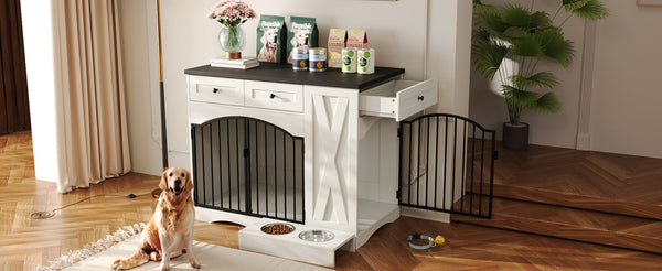 English Elm Go Farmhouse White Wood Dog Crate End Table with Three Drawers and Iron Door Panels N704P338959K
