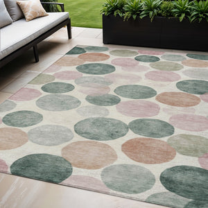 HomeRoots 5' Salmon Green and Peach Geometric Area Rug - Stylish, Washable, Indoor/Outdoor Comfort for All Spaces 5' X 8' 625110