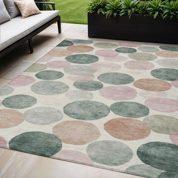 HomeRoots 5' Salmon Green and Peach Geometric Area Rug - Stylish, Washable, Indoor/Outdoor Comfort for All Spaces 5' X 8' 625110