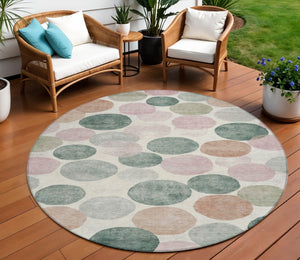 HomeRoots 5' Salmon Green and Peach Geometric Area Rug - Stylish, Washable, Indoor/Outdoor Comfort for All Spaces 8' Round 625111