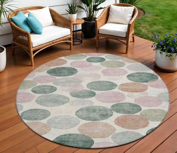 HomeRoots 5' Salmon Green and Peach Geometric Area Rug - Stylish, Washable, Indoor/Outdoor Comfort for All Spaces 8' Round 625111