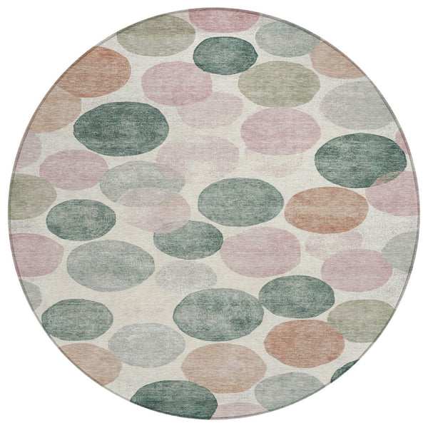 HomeRoots 5' Salmon Green and Peach Geometric Area Rug - Stylish, Washable, Indoor/Outdoor Comfort for All Spaces 8' Round 625111