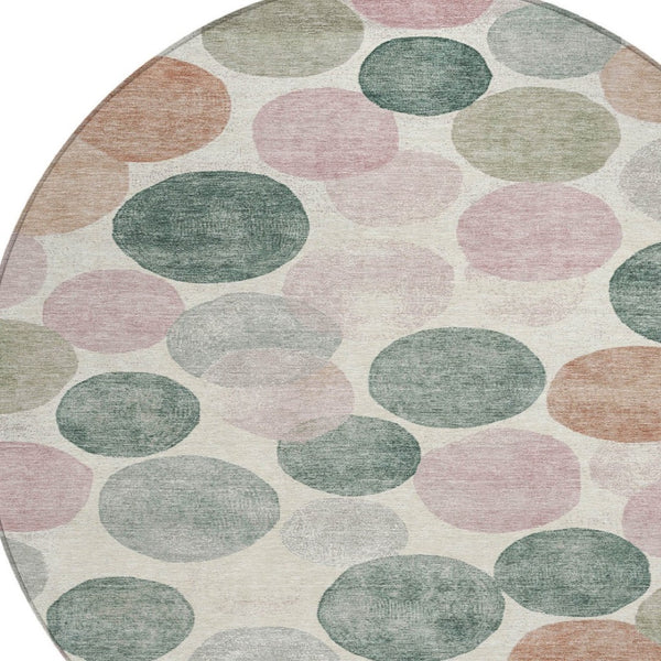 HomeRoots 5' Salmon Green and Peach Geometric Area Rug - Stylish, Washable, Indoor/Outdoor Comfort for All Spaces 8' Round 625111
