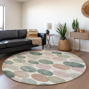 HomeRoots 5' Salmon Green and Peach Geometric Area Rug - Stylish, Washable, Indoor/Outdoor Comfort for All Spaces 8' Round 625111