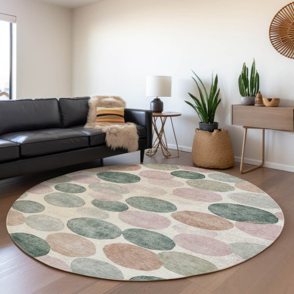 HomeRoots 5' Salmon Green and Peach Geometric Area Rug - Stylish, Washable, Indoor/Outdoor Comfort for All Spaces 8' Round 625111