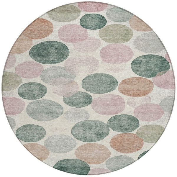 HomeRoots 5' Salmon Green and Peach Geometric Area Rug - Stylish, Washable, Indoor/Outdoor Comfort for All Spaces 8' Round 625111