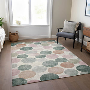 HomeRoots 5' Salmon Green and Peach Geometric Area Rug - Stylish, Washable, Indoor/Outdoor Comfort for All Spaces 9' X 12' 625113