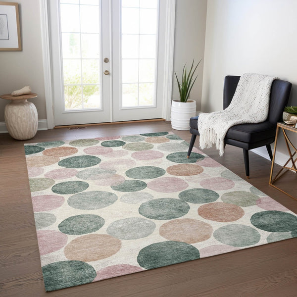 HomeRoots 5' Salmon Green and Peach Geometric Area Rug - Stylish, Washable, Indoor/Outdoor Comfort for All Spaces 10' X 14' 625114