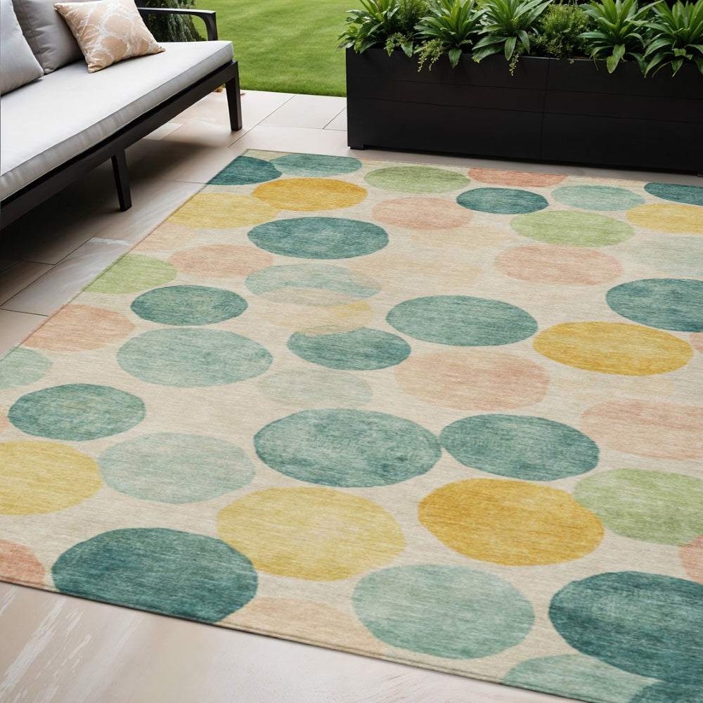 HomeRoots 5' Bold Geometric Area Rug in Teal, Blue, Yellow & Peach – Durable, Washable for Indoor & Outdoor Use 5' X 8' 625116
