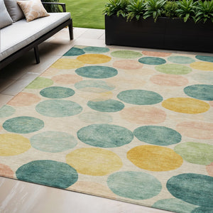 HomeRoots 5' Bold Geometric Area Rug in Teal, Blue, Yellow & Peach – Durable, Washable for Indoor & Outdoor Use 5' X 8' 625116