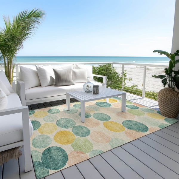 HomeRoots 5' Bold Geometric Area Rug in Teal, Blue, Yellow & Peach – Durable, Washable for Indoor & Outdoor Use 5' X 8' 625116