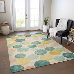 HomeRoots 5' Bold Geometric Area Rug in Teal, Blue, Yellow & Peach – Durable, Washable for Indoor & Outdoor Use 5' X 8' 625116