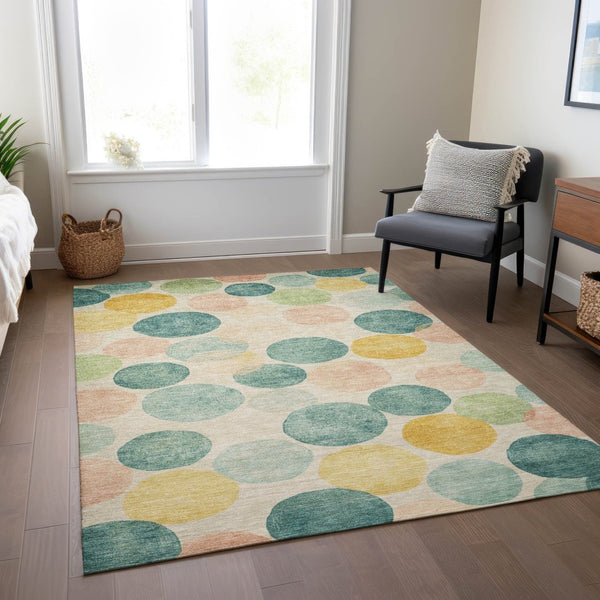 HomeRoots 5' Bold Geometric Area Rug in Teal, Blue, Yellow & Peach – Durable, Washable for Indoor & Outdoor Use 5' X 8' 625116