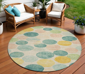 HomeRoots 5' Bold Geometric Area Rug in Teal, Blue, Yellow & Peach – Durable, Washable for Indoor & Outdoor Use 8' Round 625117