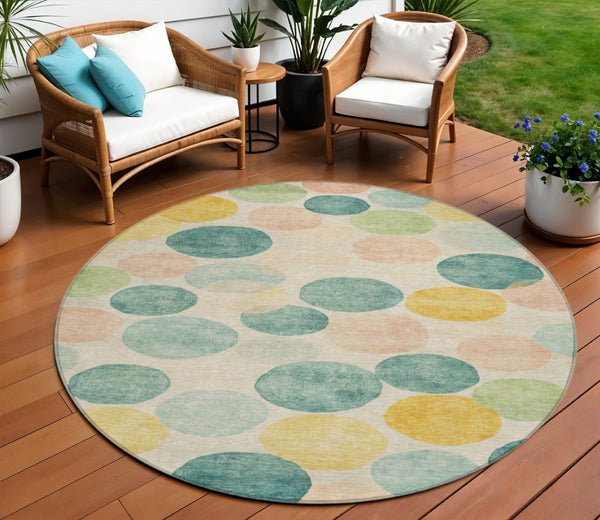 HomeRoots 5' Bold Geometric Area Rug in Teal, Blue, Yellow & Peach – Durable, Washable for Indoor & Outdoor Use 8' Round 625117