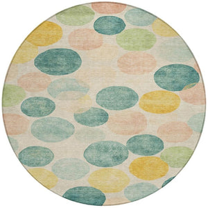 HomeRoots 5' Bold Geometric Area Rug in Teal, Blue, Yellow & Peach – Durable, Washable for Indoor & Outdoor Use 8' Round 625117
