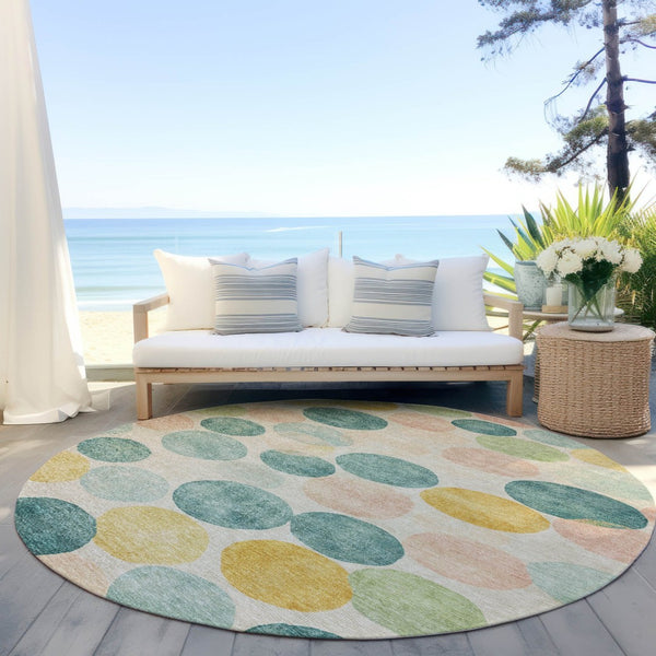 HomeRoots 5' Bold Geometric Area Rug in Teal, Blue, Yellow & Peach – Durable, Washable for Indoor & Outdoor Use 8' Round 625117