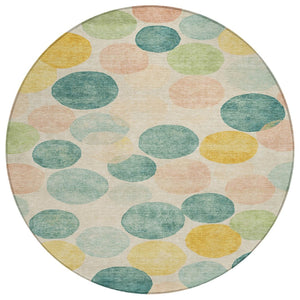 HomeRoots 5' Bold Geometric Area Rug in Teal, Blue, Yellow & Peach – Durable, Washable for Indoor & Outdoor Use 8' Round 625117