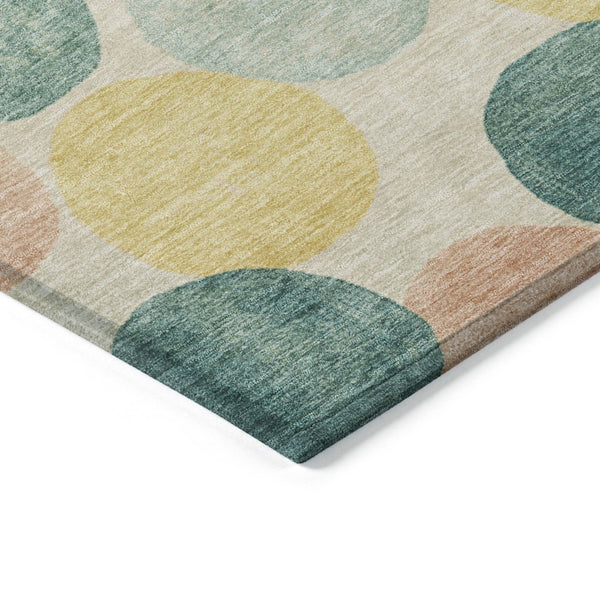 HomeRoots 5' Bold Geometric Area Rug in Teal, Blue, Yellow & Peach – Durable, Washable for Indoor & Outdoor Use 8' Round 625117
