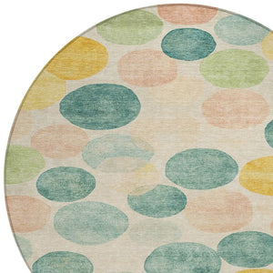 HomeRoots 5' Bold Geometric Area Rug in Teal, Blue, Yellow & Peach – Durable, Washable for Indoor & Outdoor Use 8' Round 625117