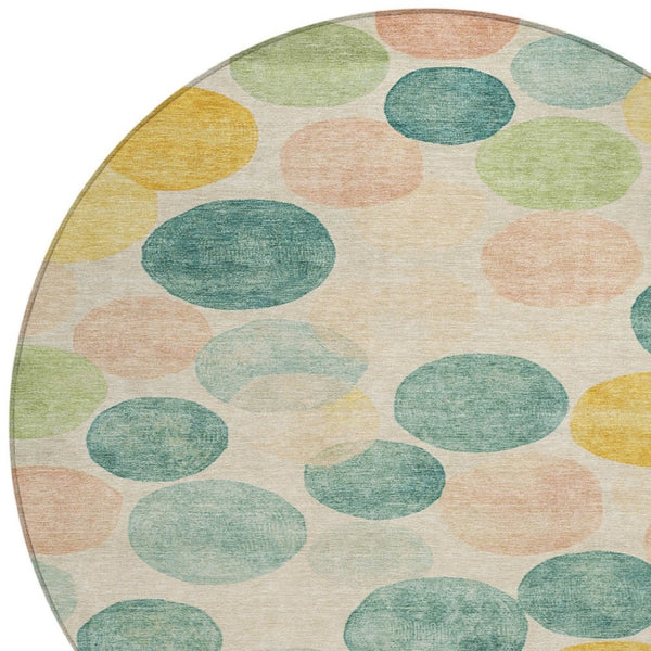 HomeRoots 5' Bold Geometric Area Rug in Teal, Blue, Yellow & Peach – Durable, Washable for Indoor & Outdoor Use 8' Round 625117