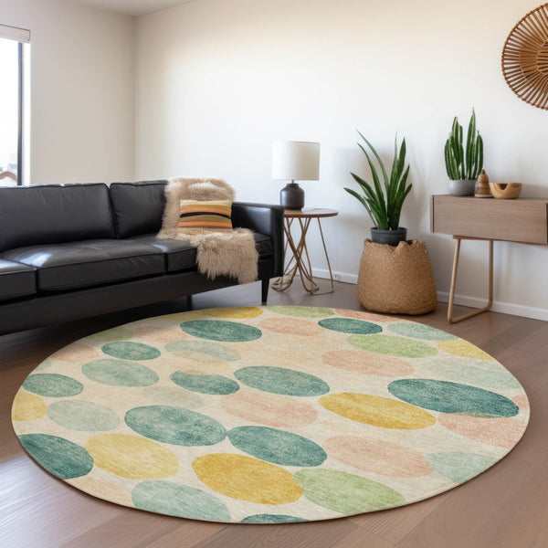 HomeRoots 5' Bold Geometric Area Rug in Teal, Blue, Yellow & Peach – Durable, Washable for Indoor & Outdoor Use 8' Round 625117