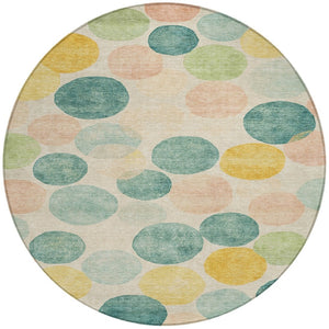 HomeRoots 5' Bold Geometric Area Rug in Teal, Blue, Yellow & Peach – Durable, Washable for Indoor & Outdoor Use 8' Round 625117