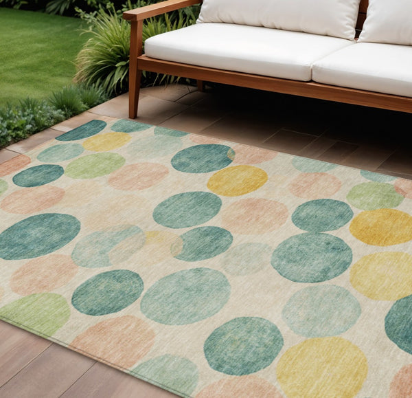 HomeRoots 5' Bold Geometric Area Rug in Teal, Blue, Yellow & Peach – Durable, Washable for Indoor & Outdoor Use 9' X 12' 625119