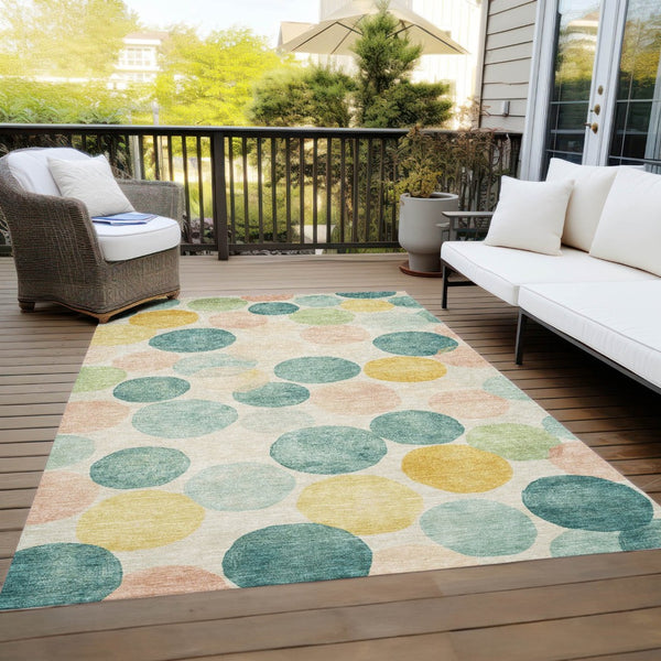 HomeRoots 5' Bold Geometric Area Rug in Teal, Blue, Yellow & Peach – Durable, Washable for Indoor & Outdoor Use 10' X 14' 625120