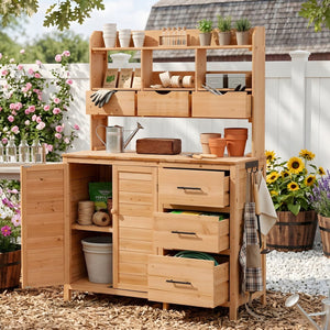 English Elm (with Hutch) Topamx Solid Fir Potting Bench Patio Workstation Spice Rack Drawer Natural Wood N717P404331A