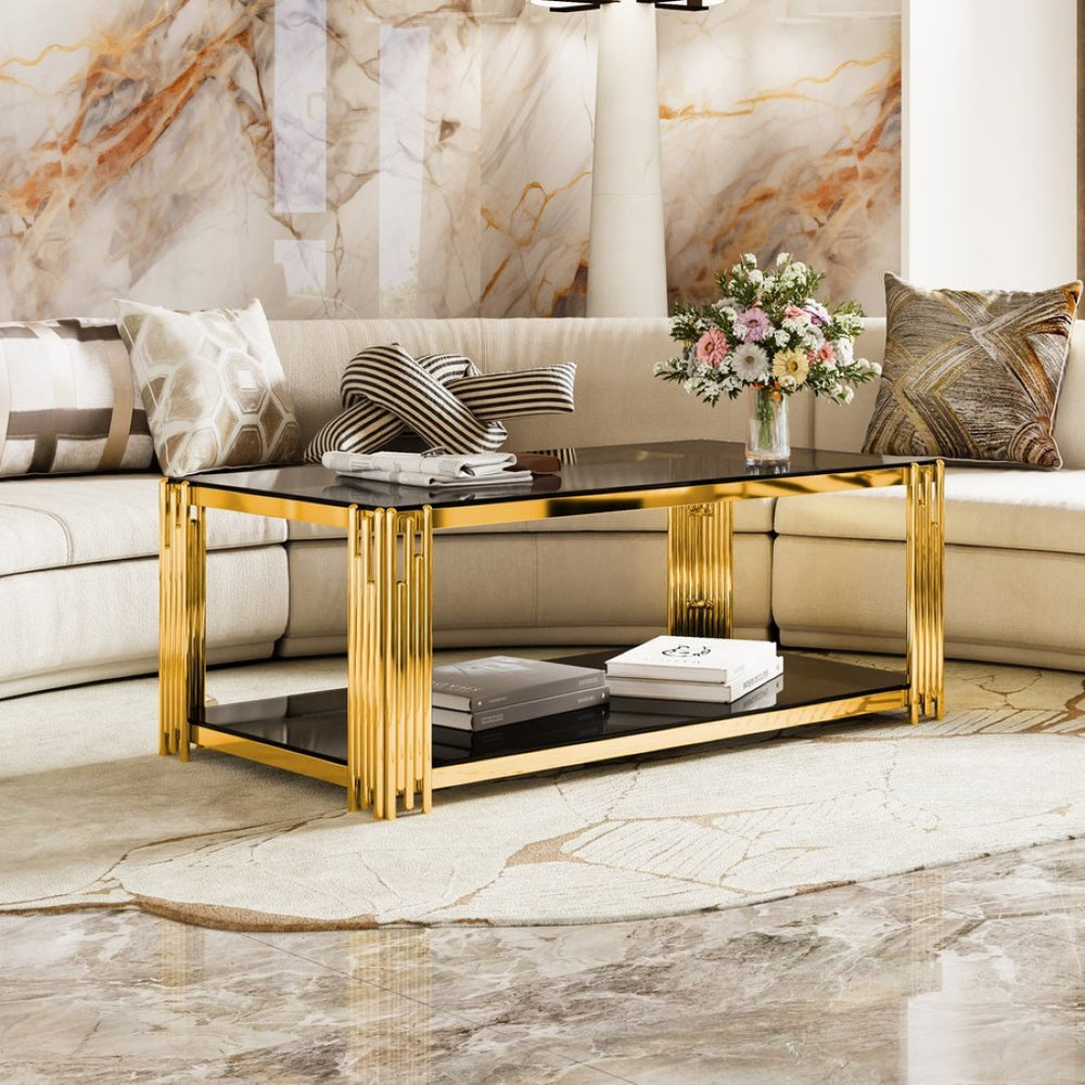 English Elm Modern Glam Rectangular Coffee Table with Mirrored Top Gold Sculptural Frame Open Shelf Black N735P380099B