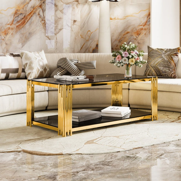 English Elm Modern Glam Rectangular Coffee Table with Mirrored Top Gold Sculptural Frame Open Shelf Black N735P380099B