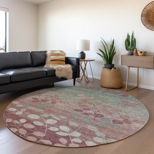 HomeRoots 5' Blush and Emerald Floral Area Rug - Durable, Machine-Washable Design for Indoor and Outdoor Spaces 8' Round 625165
