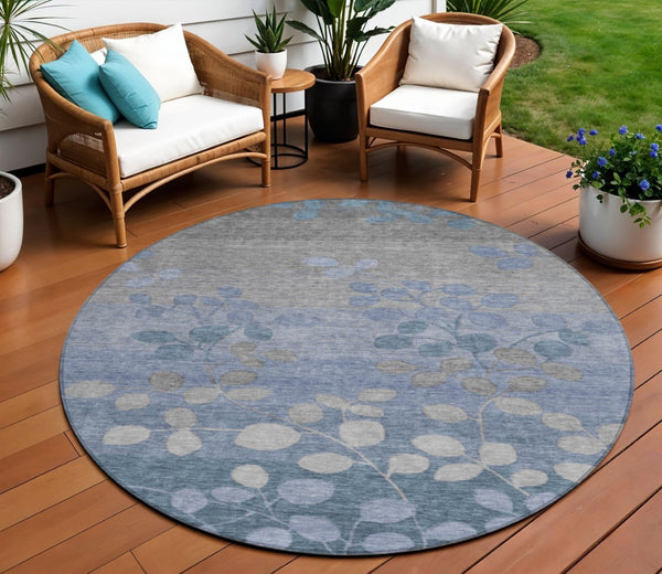 HomeRoots 5' Denim Blue and Gray Floral Area Rug - Durable, Washable Design for Indoor and Outdoor Spaces 8' Round 625171