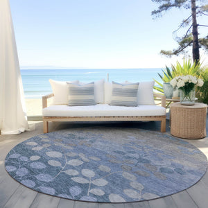 HomeRoots 5' Denim Blue and Gray Floral Area Rug - Durable, Washable Design for Indoor and Outdoor Spaces 8' Round 625171
