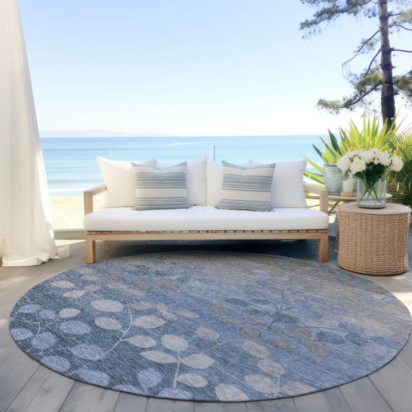 HomeRoots 5' Denim Blue and Gray Floral Area Rug - Durable, Washable Design for Indoor and Outdoor Spaces 8' Round 625171