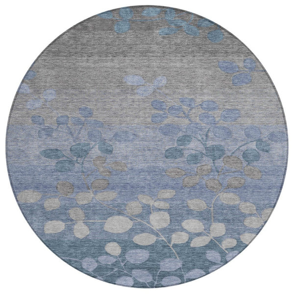 HomeRoots 5' Denim Blue and Gray Floral Area Rug - Durable, Washable Design for Indoor and Outdoor Spaces 8' Round 625171