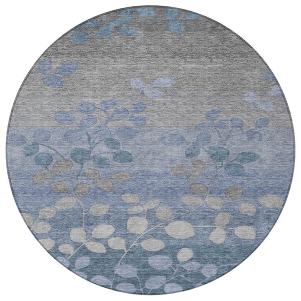HomeRoots 5' Denim Blue and Gray Floral Area Rug - Durable, Washable Design for Indoor and Outdoor Spaces 8' Round 625171