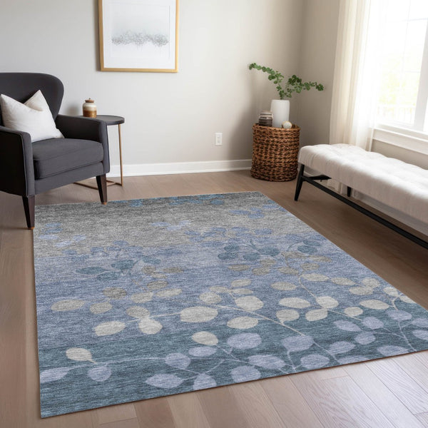 HomeRoots 5' Denim Blue and Gray Floral Area Rug - Durable, Washable Design for Indoor and Outdoor Spaces 10' X 14' 625174