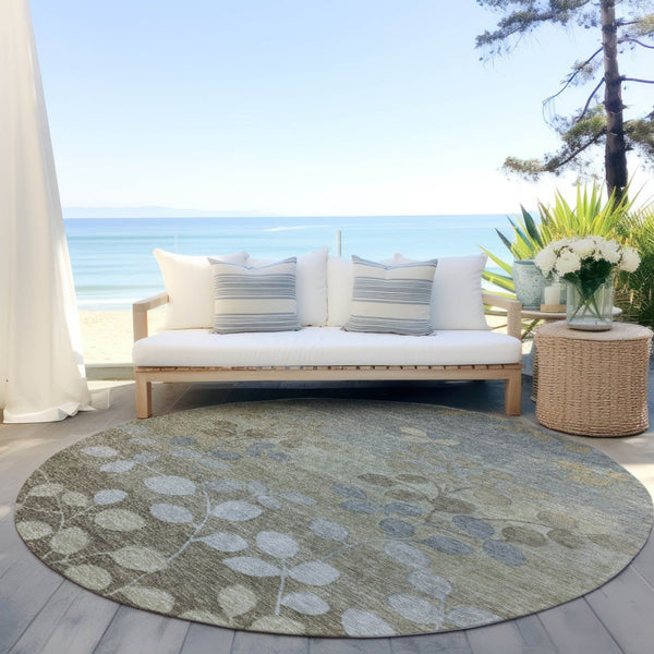 HomeRoots 5' Elegant Khaki and Gray Floral Area Rug – Durable, Washable Design for Indoor and Outdoor Spaces 8' Round 625183
