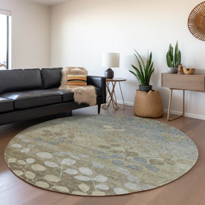 HomeRoots 5' Elegant Khaki and Gray Floral Area Rug – Durable, Washable Design for Indoor and Outdoor Spaces 8' Round 625183