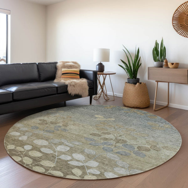 HomeRoots 5' Elegant Khaki and Gray Floral Area Rug – Durable, Washable Design for Indoor and Outdoor Spaces 8' Round 625183