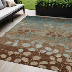 HomeRoots 5' Brown and Teal Blue Floral Area Rug - Durable, Washable, Perfect for Indoor and Outdoor Spaces 5' X 8' 625188