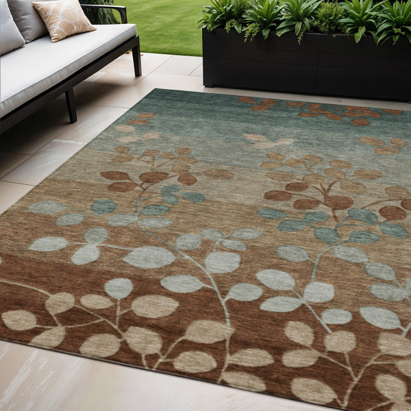 HomeRoots 5' Brown and Teal Blue Floral Area Rug - Durable, Washable, Perfect for Indoor and Outdoor Spaces 5' X 8' 625188